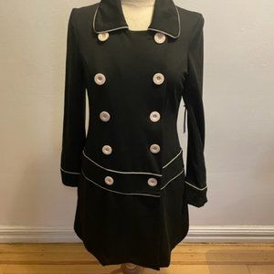 Vertigo Paris black dbl breasted jersey coat dress with off-white trim & buttons